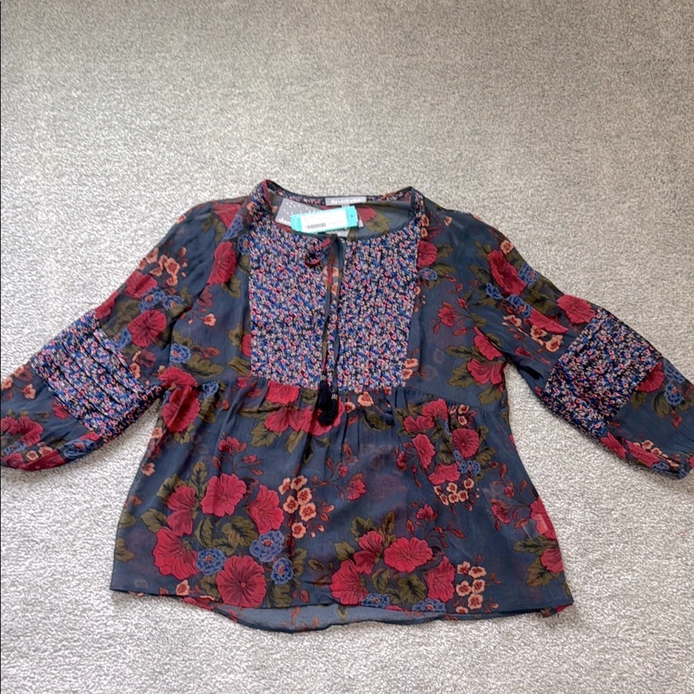 New Floral Blouse with Red and Blue Accents